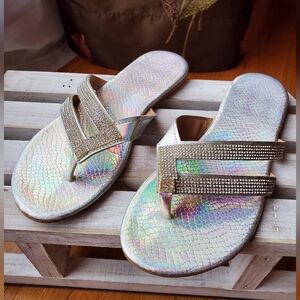 Women's  Silver Iridescent Metallic Flat Sandals
